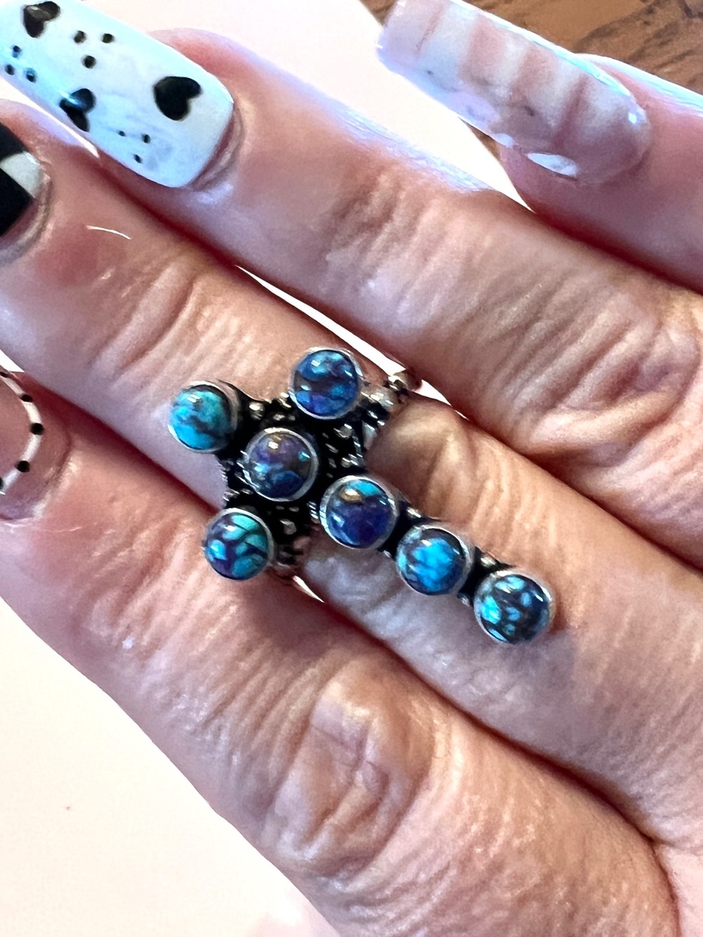 Blue Turquoise Look Cluster Statement Ring Size 8 Silver Tone Boho